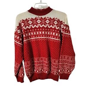 6055)Vtg 80s American Pride Fair Isle Red & White Cabincore  Mock Neck Sweater L